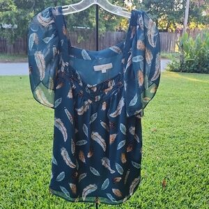 LOFT Teal Feather Print Blouse